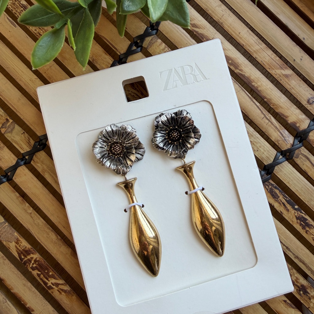 Zara Two Toned Gold Silver Floral Vase Drop Earrings New In Box Embossed Flower 29$